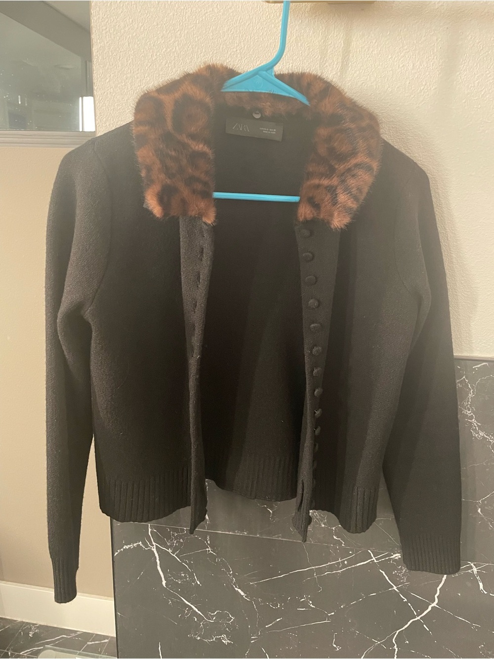 Zara Black Cardigan with Brown Leopard Faux Fur Collar